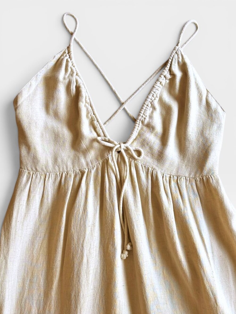 Sim & Sam Beige Linen Blend Boho Maxi Dress Crisscross Back Size Medium - Picture 9 of 13